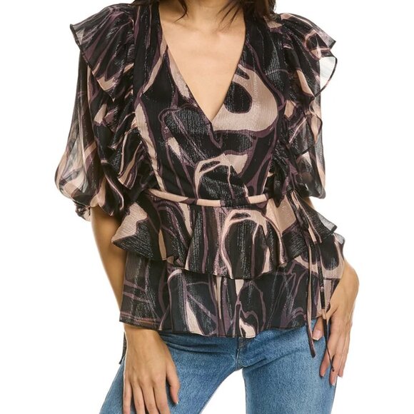 TED BAKER LONDON Jasmyna Metallic Purple/Black Ruffle Shimmer Top Medium - Picture 4 of 7